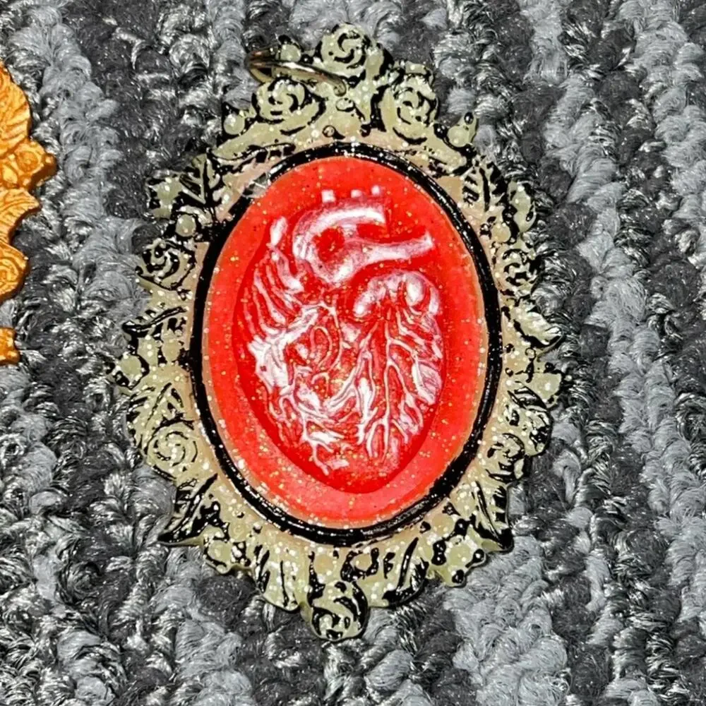 Copper Floral Frame Pendant with Orange Cameo Cabochon | Handmade Glitter Resin